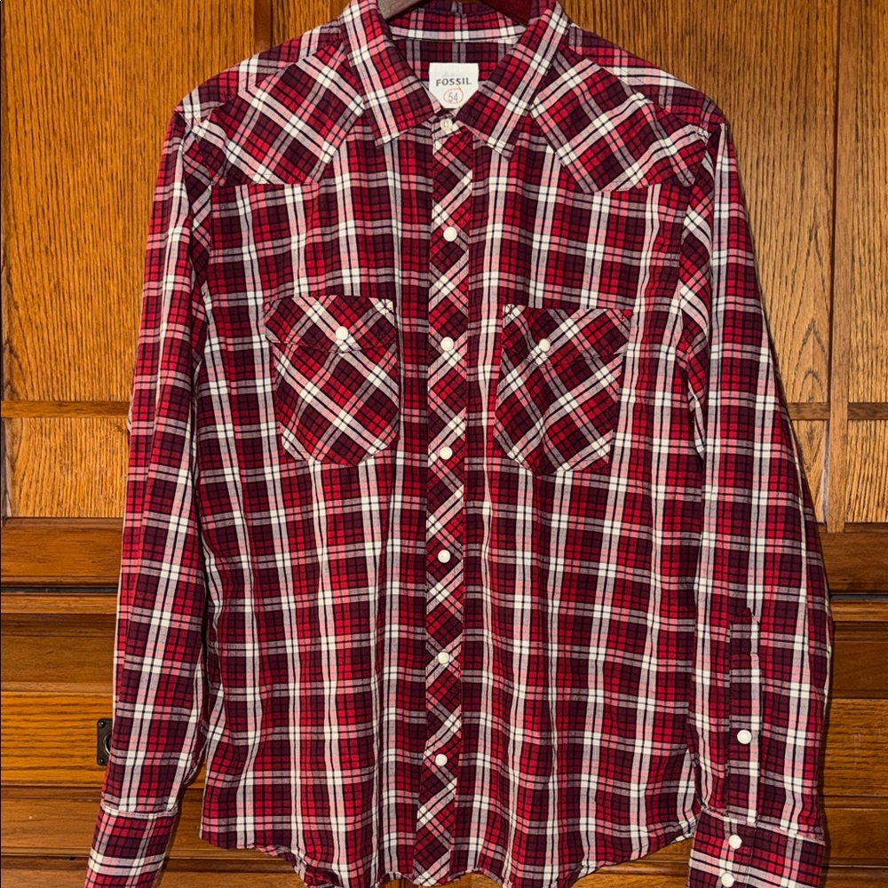 Fossil 54 Vintage Fit Plaid Pearl Snap Shirt Western Work Rugged Rodeo Cowboy